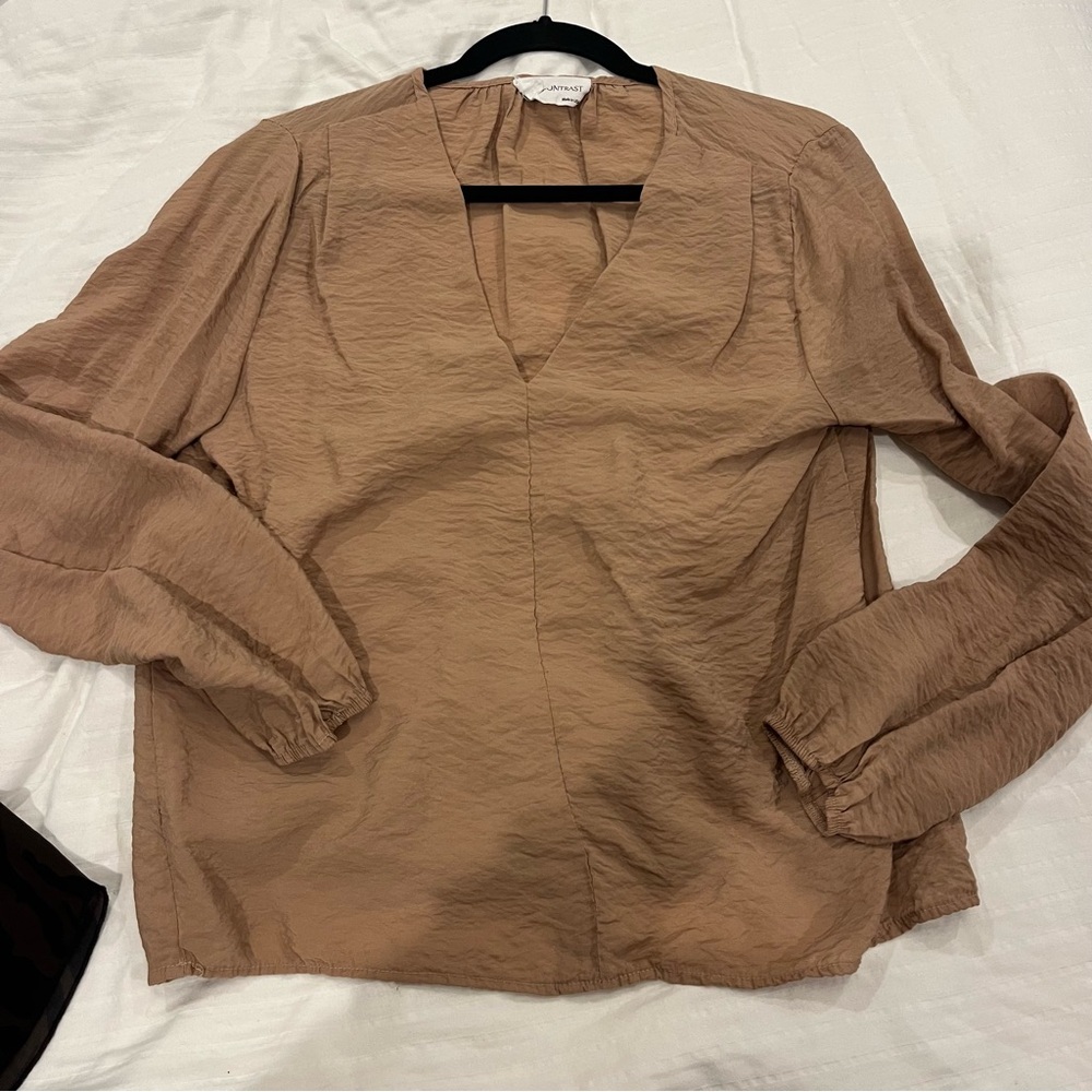 Self Contrast tan long sleeve blouse